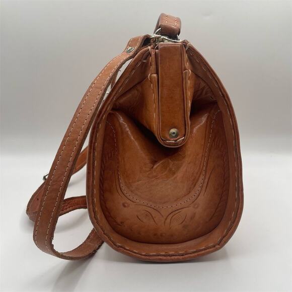 Vintage Tooled Leather Top Handle Handbag Tan Women's Purse Made In Vegas - Picture 8 of 15